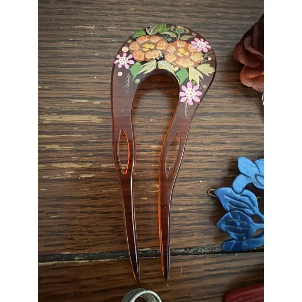 Vintage Lot Of Hair Pins Clips Berets Combs Hand Painted, Celluloid 50’s - 90’s